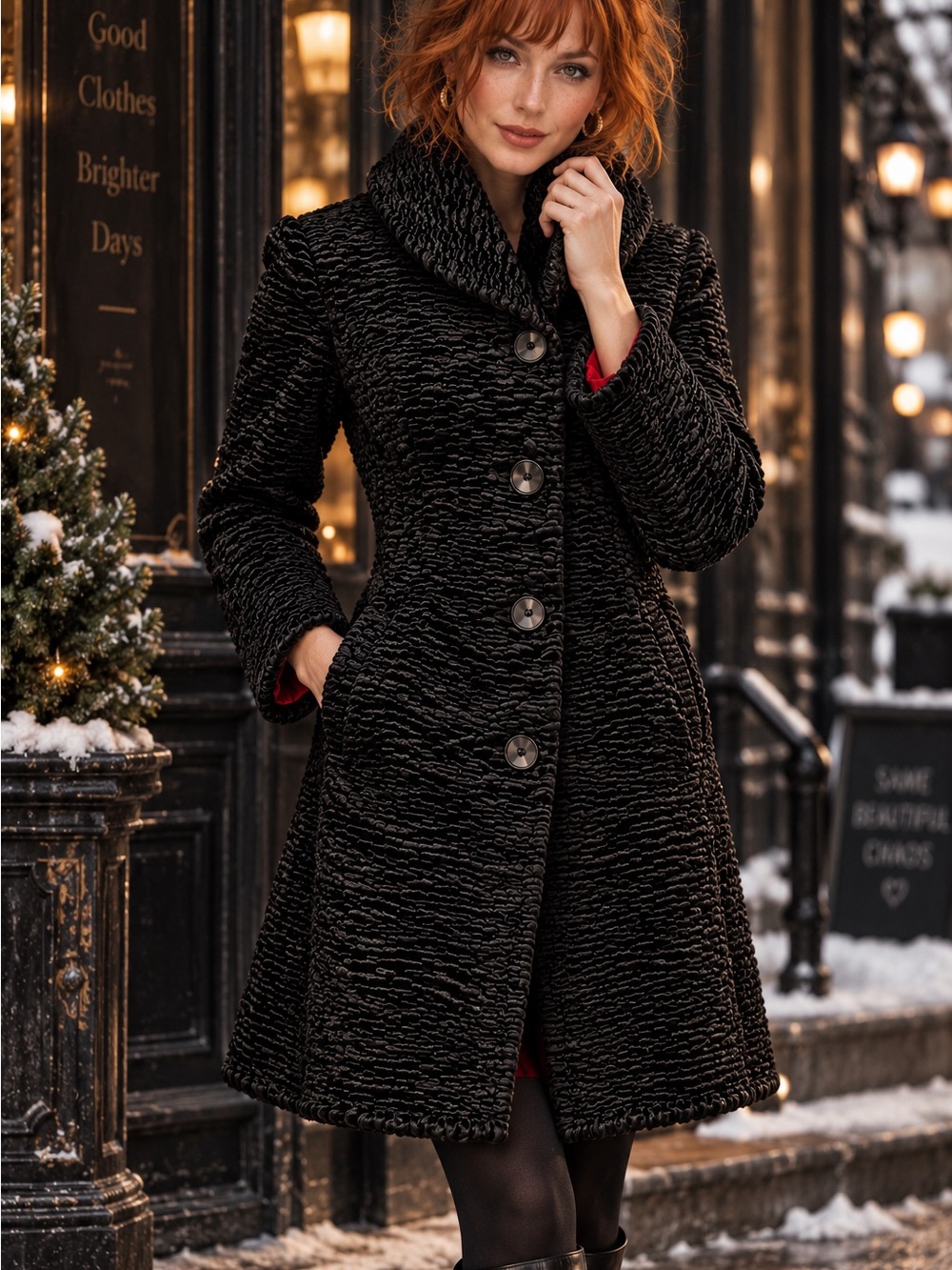 White House Black Market Faux Persian Lamb Coat Black Astrakhan Textured Jacket